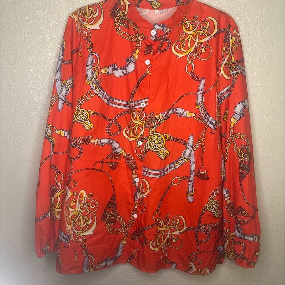 Vibrant Red Chain Print Button-Up Shirt